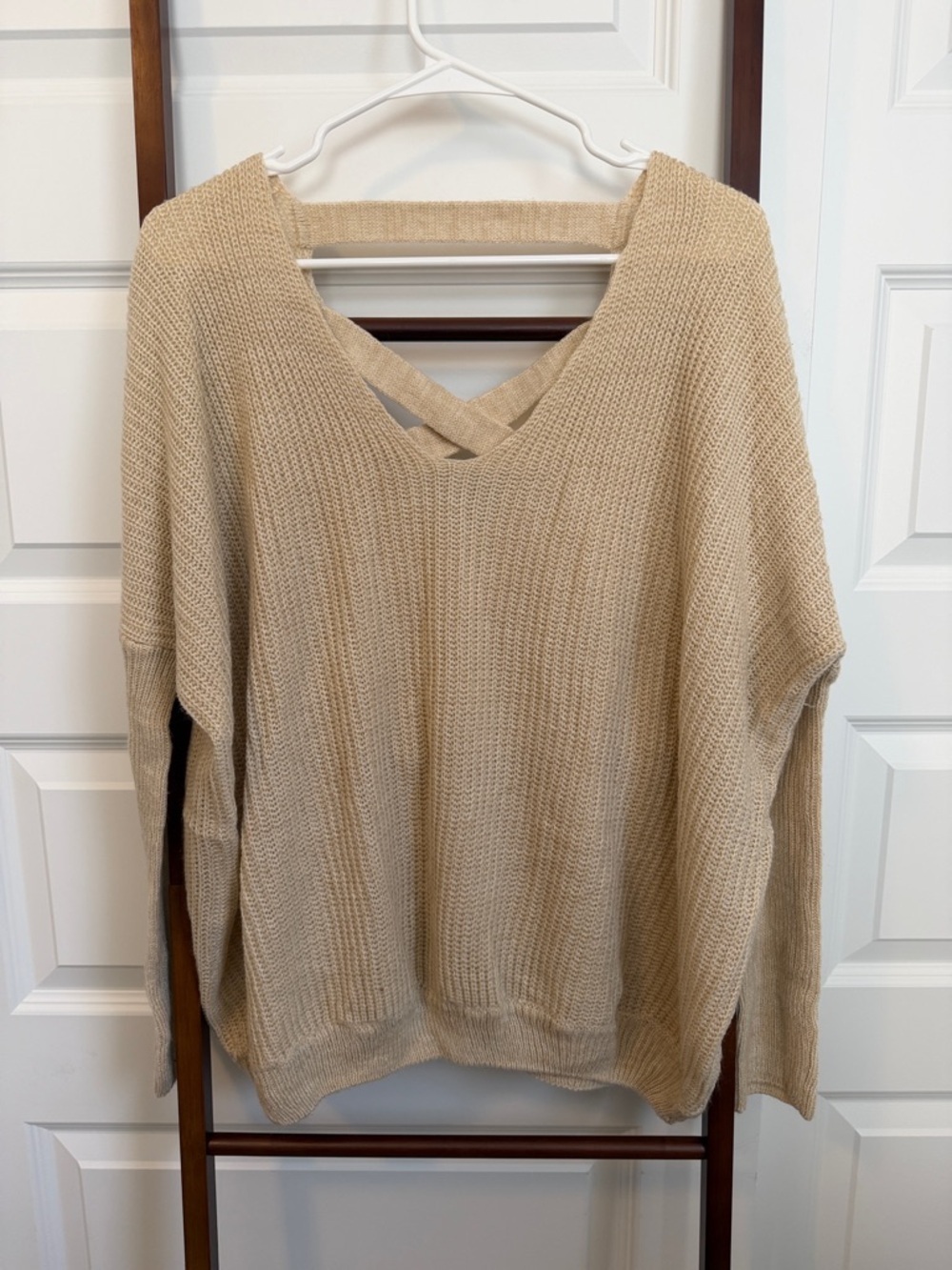 Umgee Beige V-Neck Crisscross Back Knit Sweater
